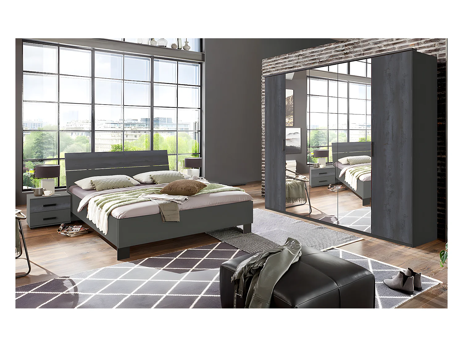 Chambre à coucher complète adulte (lit 180x200cm + 2 chevets + armoire) coloris gris foncé
