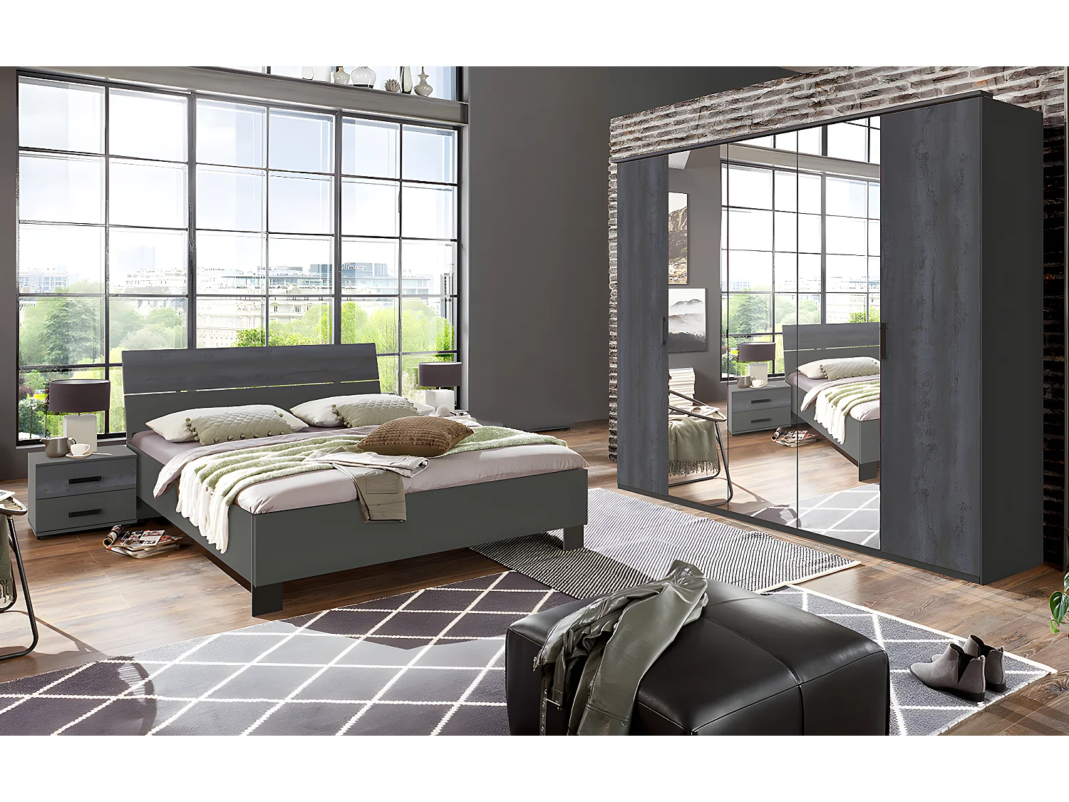 Chambre à coucher complète adulte (lit 180x200cm + 2 chevets + armoire) coloris gris foncé