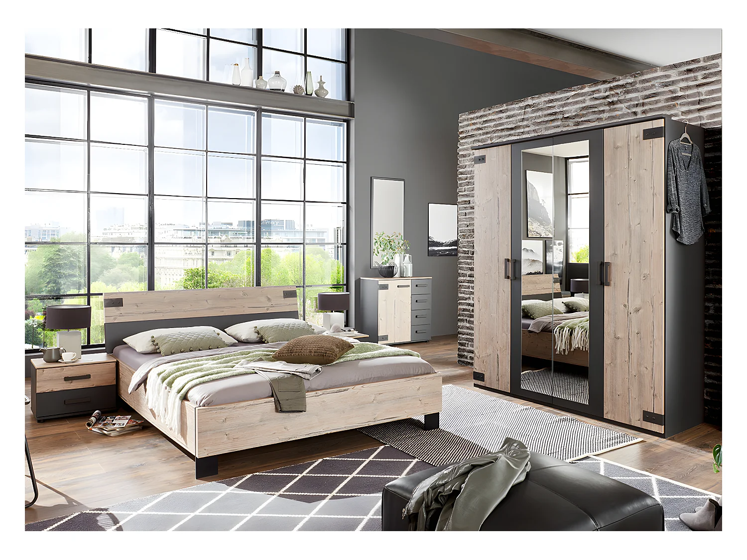 Chambre à coucher complète adulte (lit 140x200 cm + 2 chevets + armoire + commode) coloris chêne