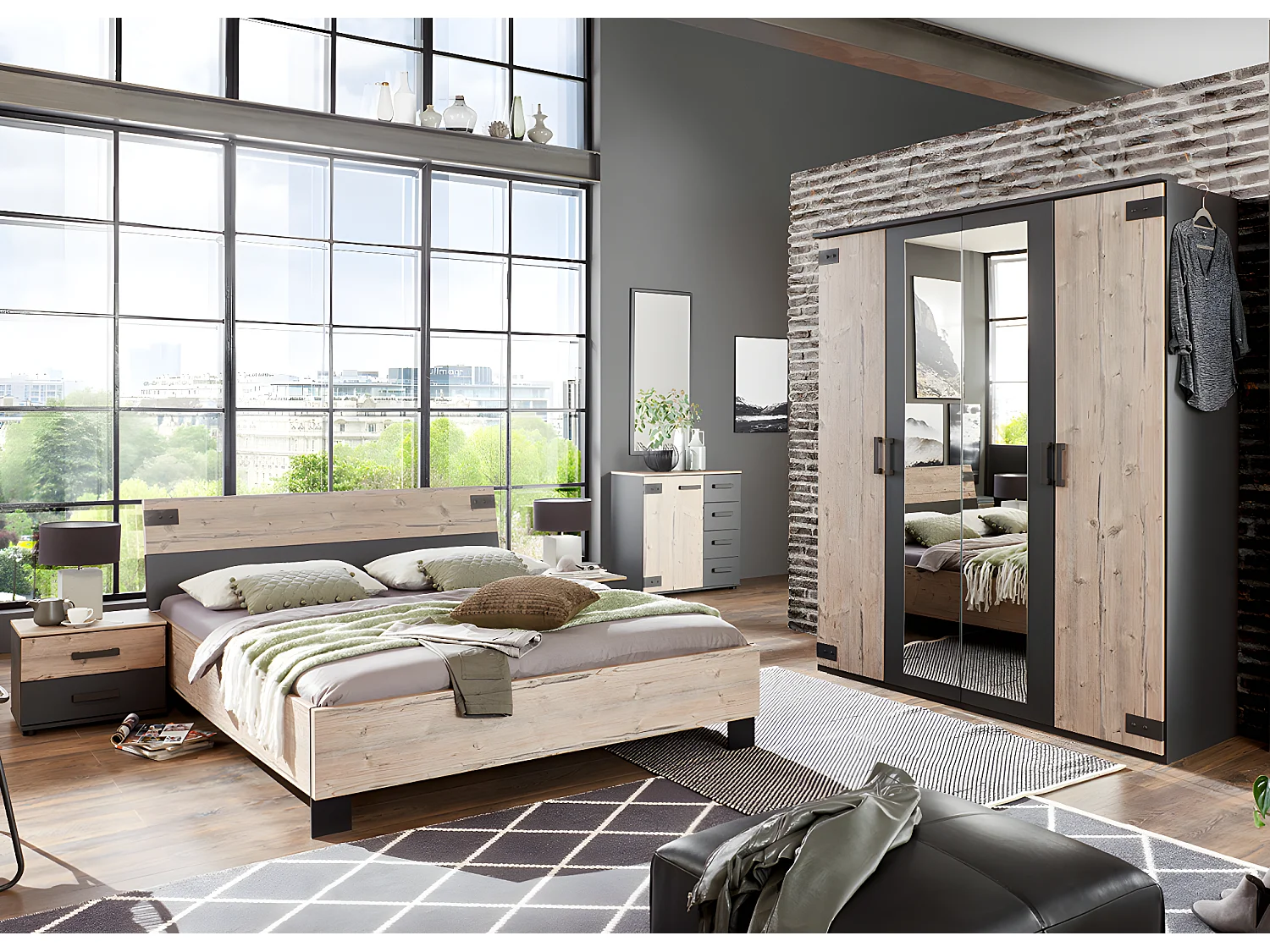 Chambre à coucher complète adulte (lit 140x200 cm + 2 chevets + armoire + commode) coloris chêne