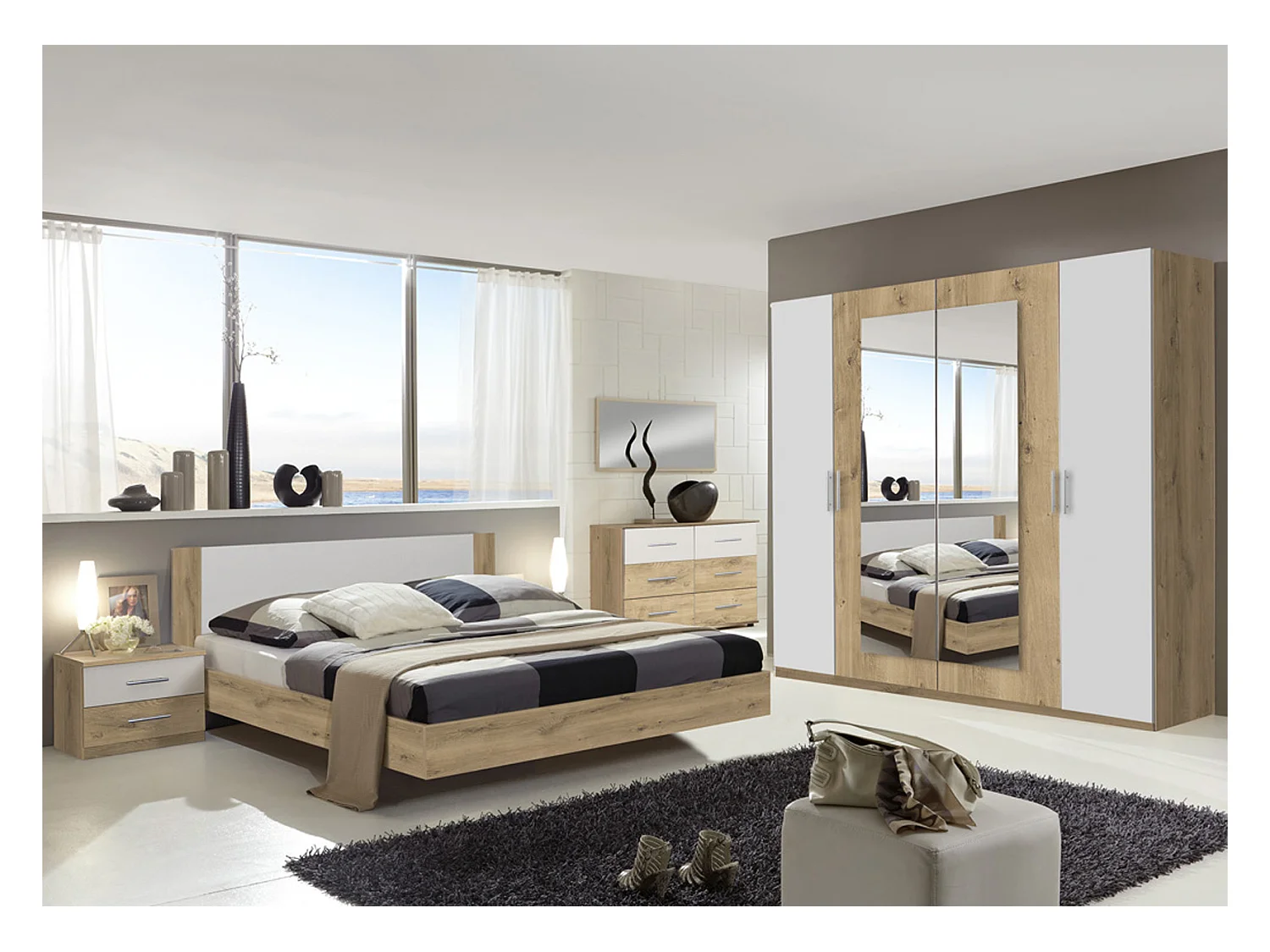 Chambre adulte imitation chêne poutre/blanc - Dim : 180 X 200 cm-PEGANE-