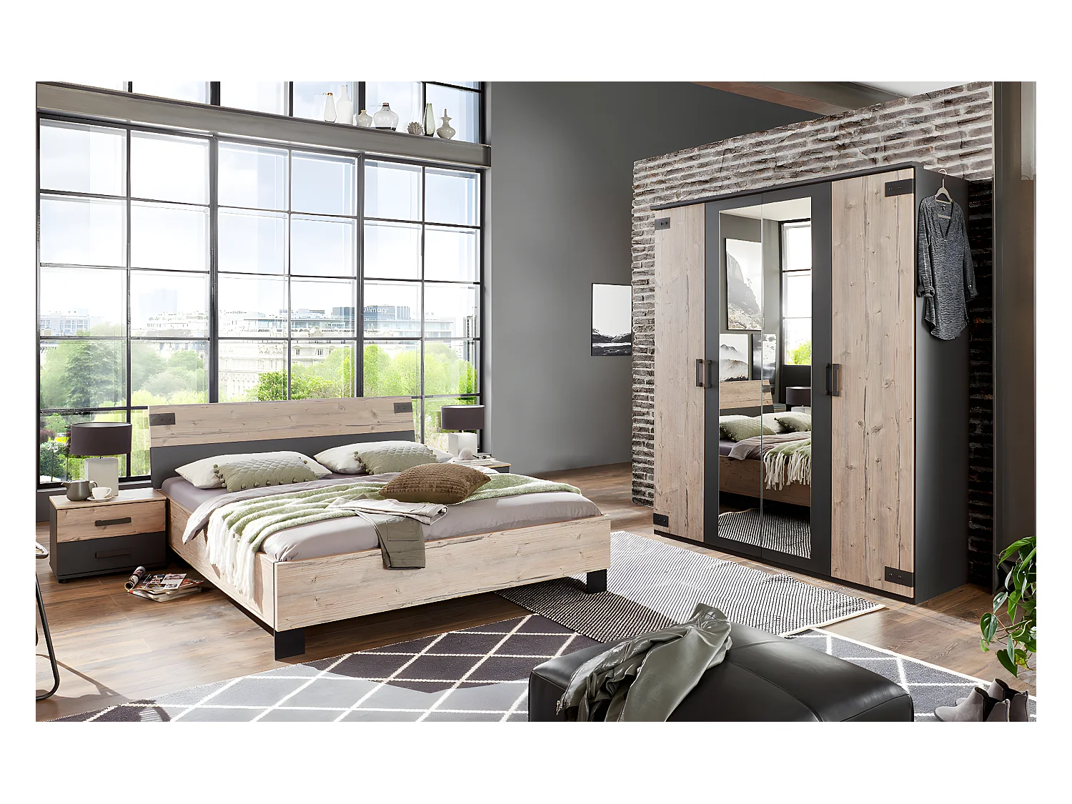 Chambre à coucher complète adulte (lit 180x200cm + 2 chevets + armoire), coloris chêne