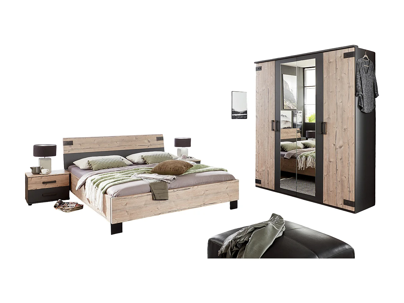 Chambre à coucher complète adulte (lit 180x200cm + 2 chevets + armoire), coloris chêne