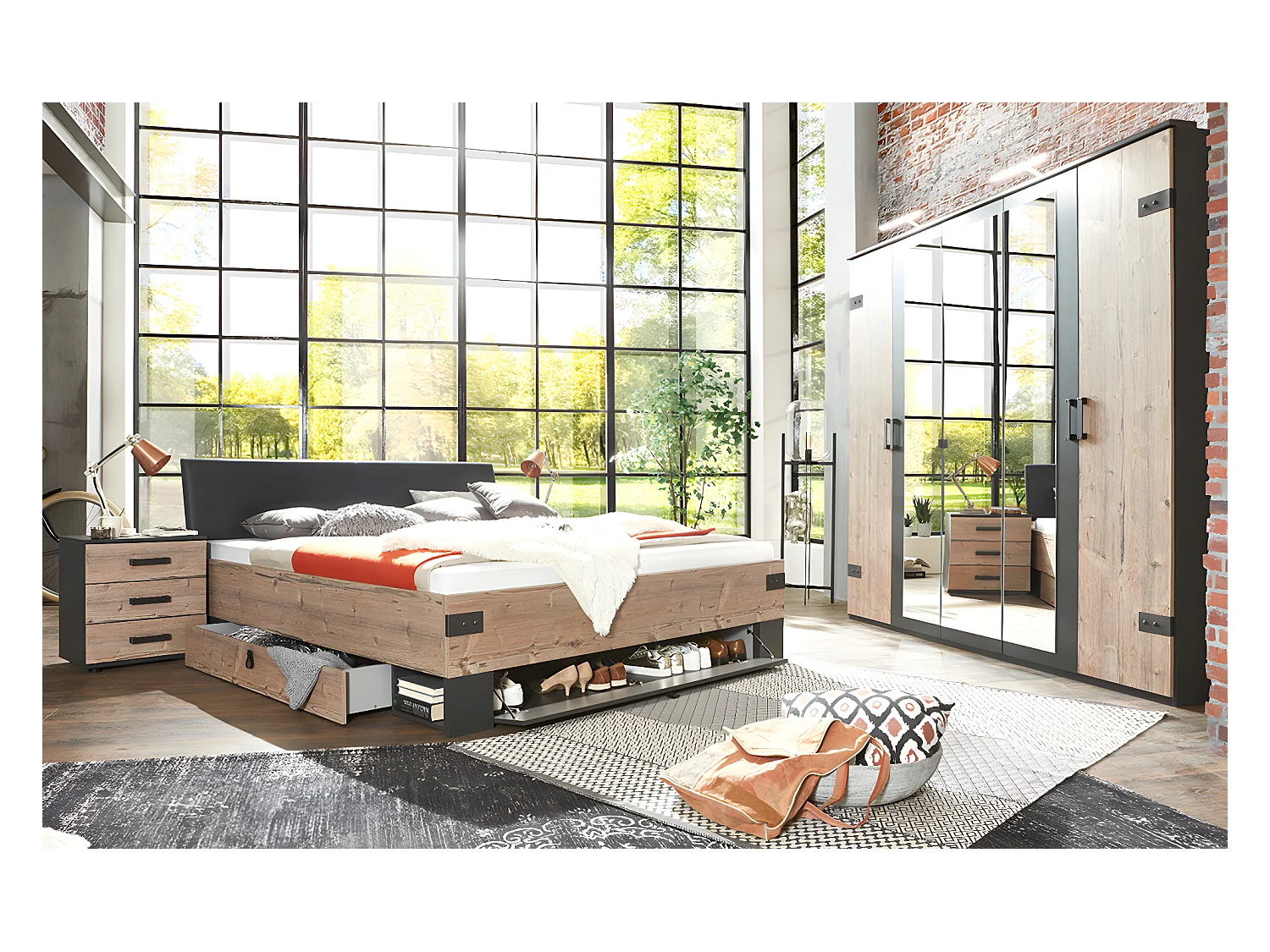 Chambre à coucher complète adulte (lit 160 x 200cm + 2 chevets + armoire)
