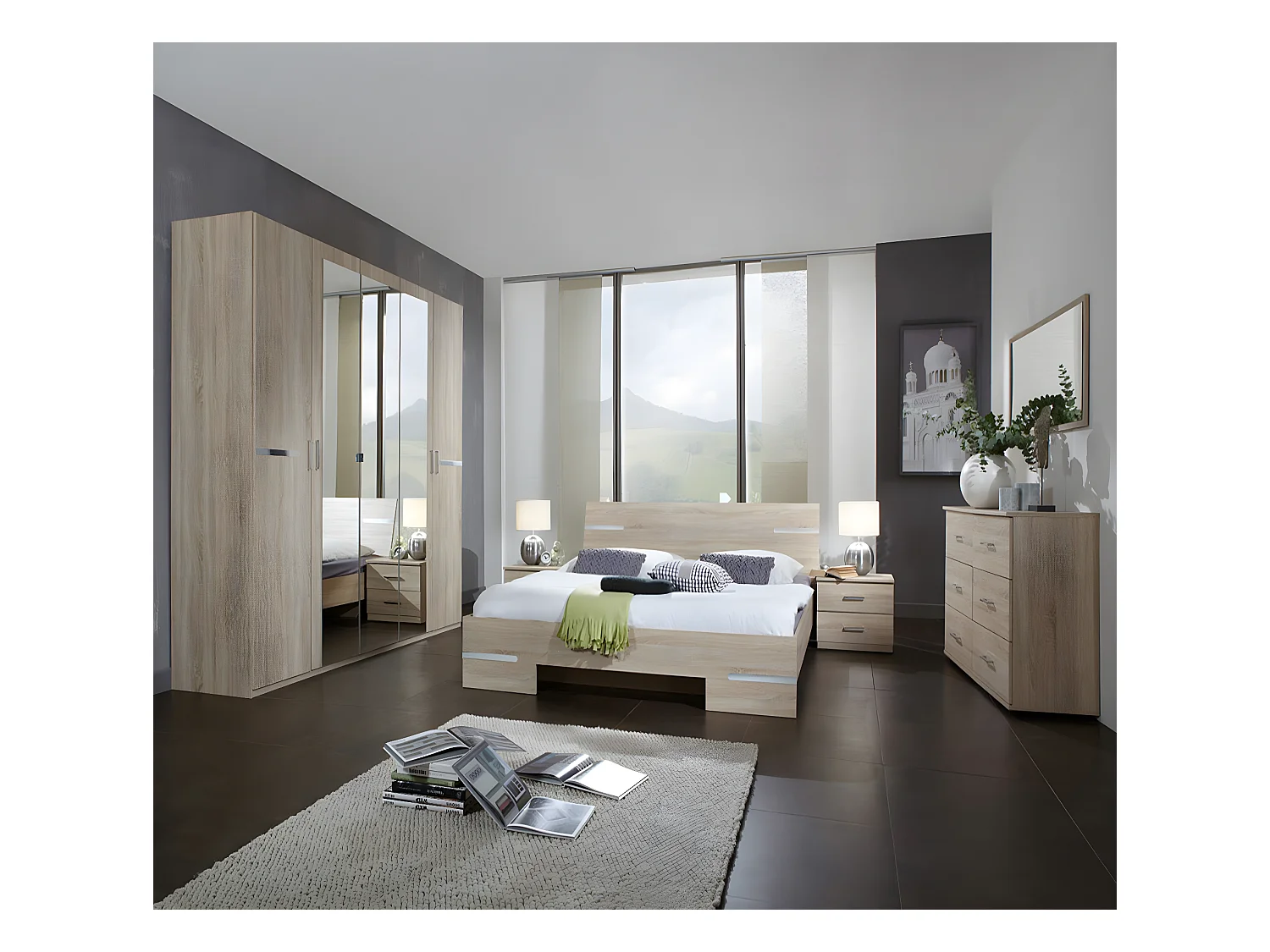 Chambre adulte imitation chêne en panneaux de particules - Dim : 180 X 200 cm