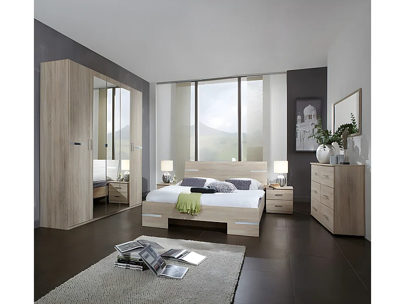 Chambre adulte imitation chêne en panneaux de particules - Dim : 180 X 200 cm