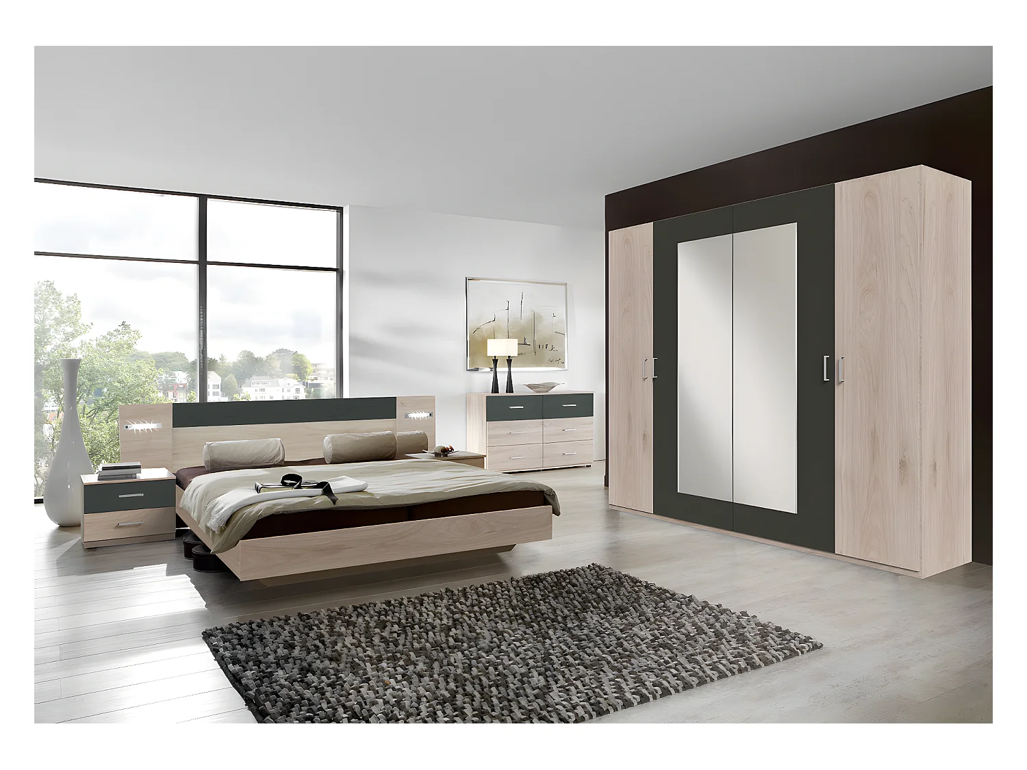 Ensemble chambre adulte Imitation chêne Hickory rechampis graphite - 140 x 200 cm