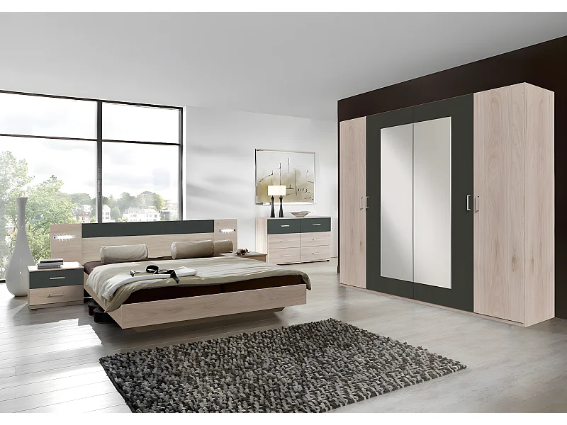 Ensemble chambre adulte Imitation chêne Hickory rechampis graphite - 140 x 200 cm