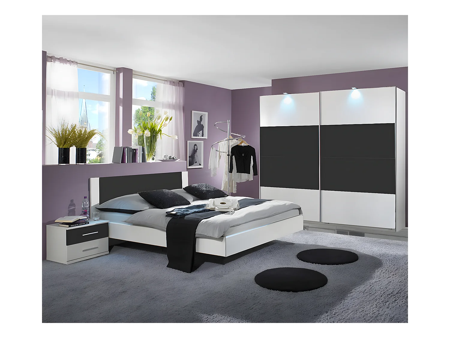 Chambre adulte coloris blanc/anthracite - 180 X 200 cm-PEGANE-