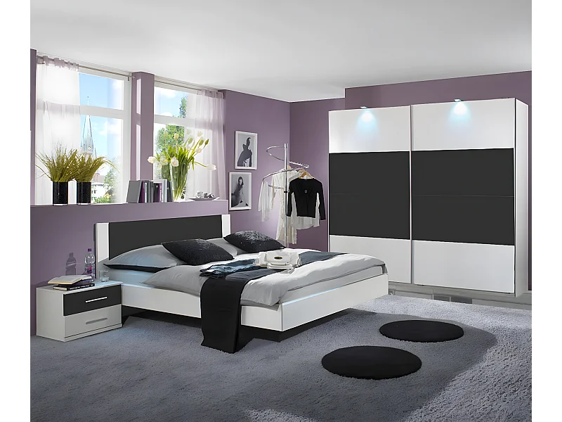 Chambre adulte coloris blanc/anthracite - 180 X 200 cm-PEGANE-