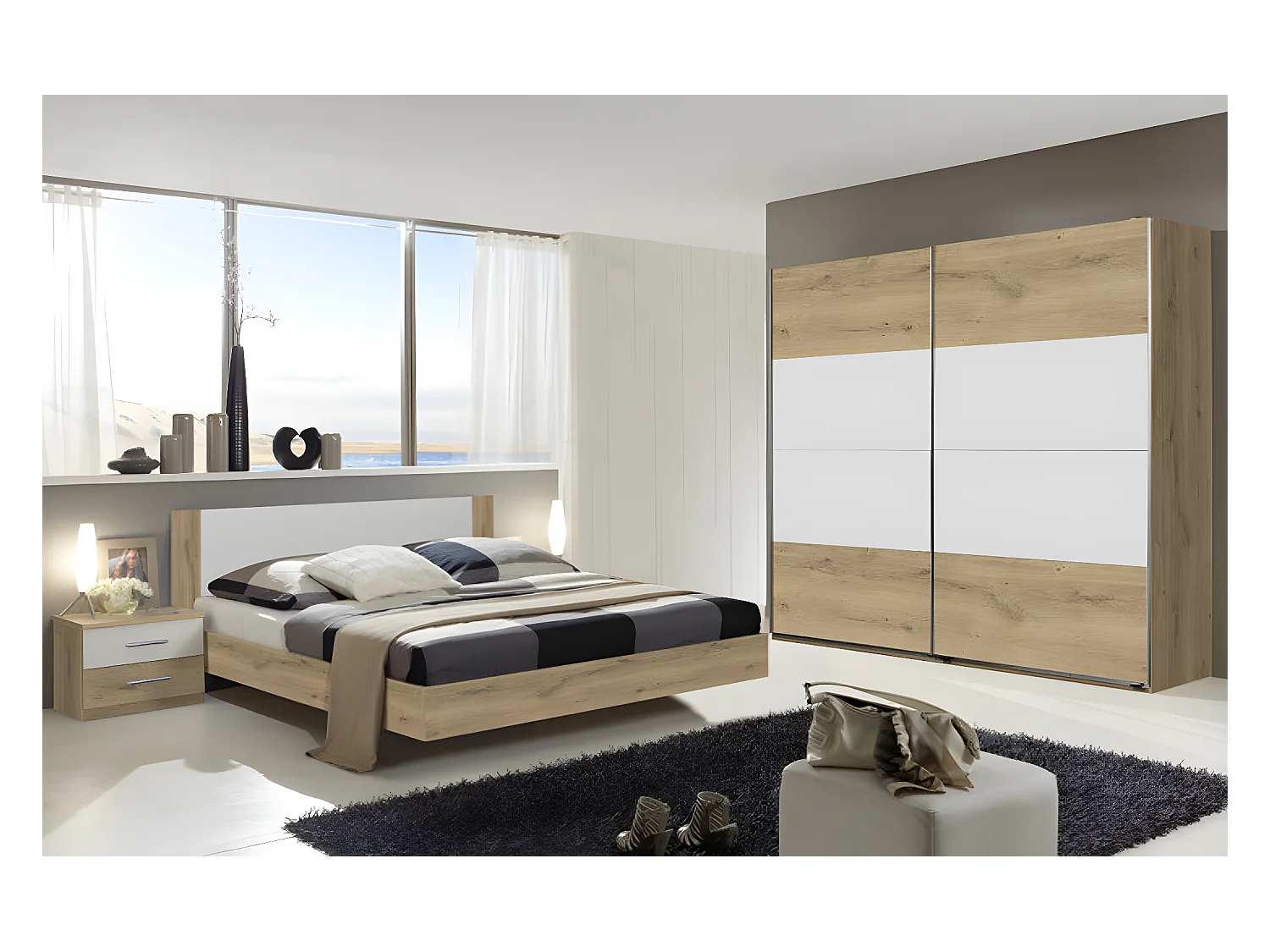 Chambre à coucher complète adulte (lit 180x200cm + 2 chevets + armoire)