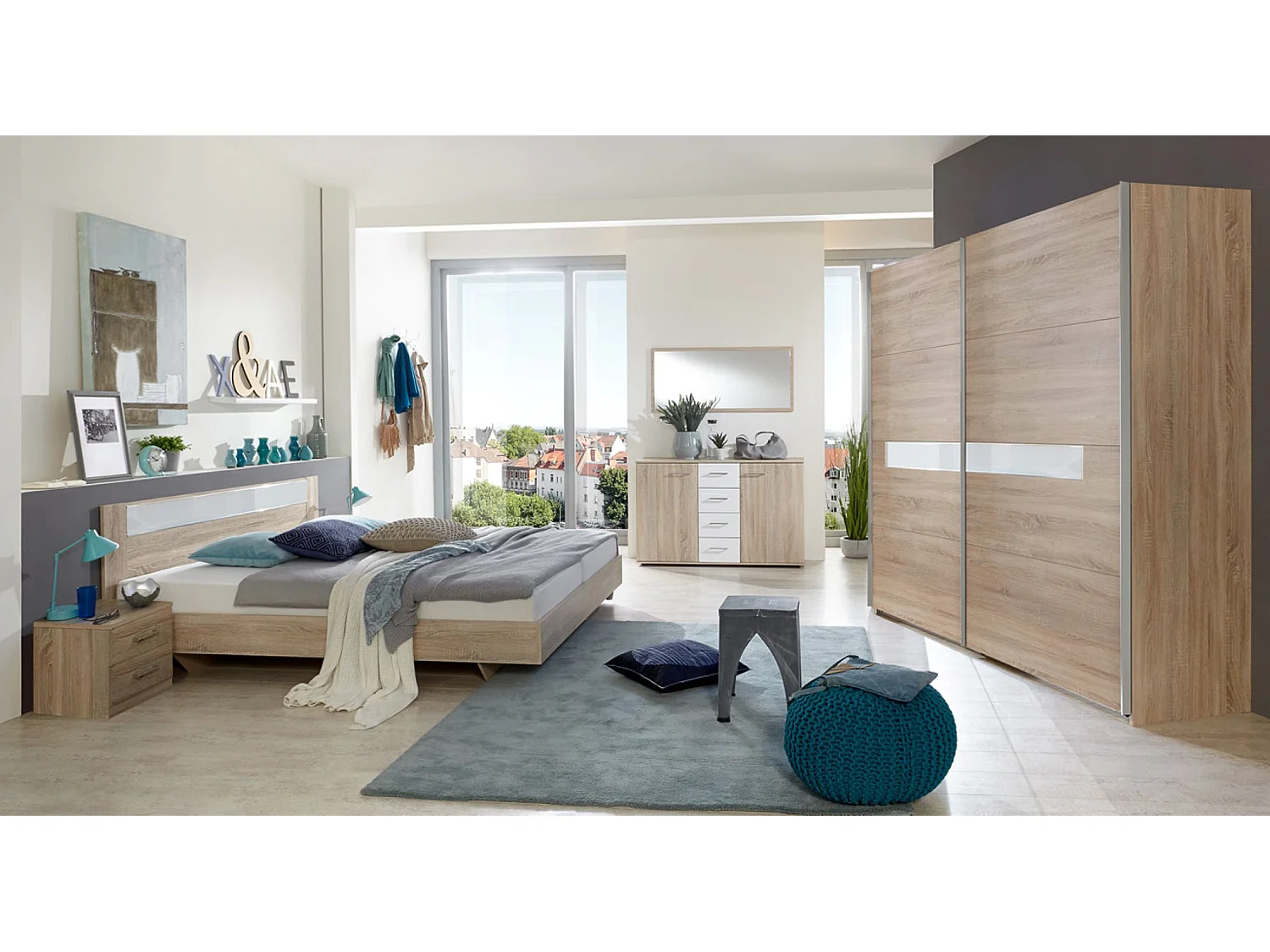 Chambre à coucher complète, imitation chêne, rechampis verre blanc + chrome - Dim : 160 x 200 cm