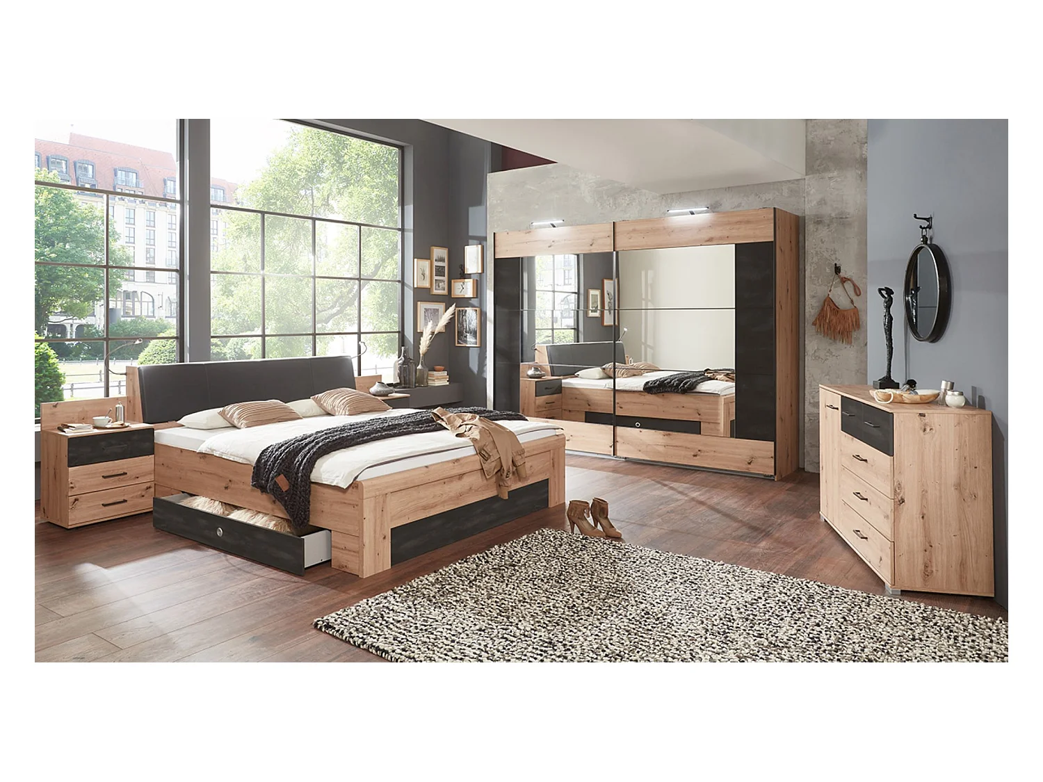 Chambre à coucher complète adulte (lit 180x200 cm + 2 chevets + armoire + 2 tiroirs lit + commode)