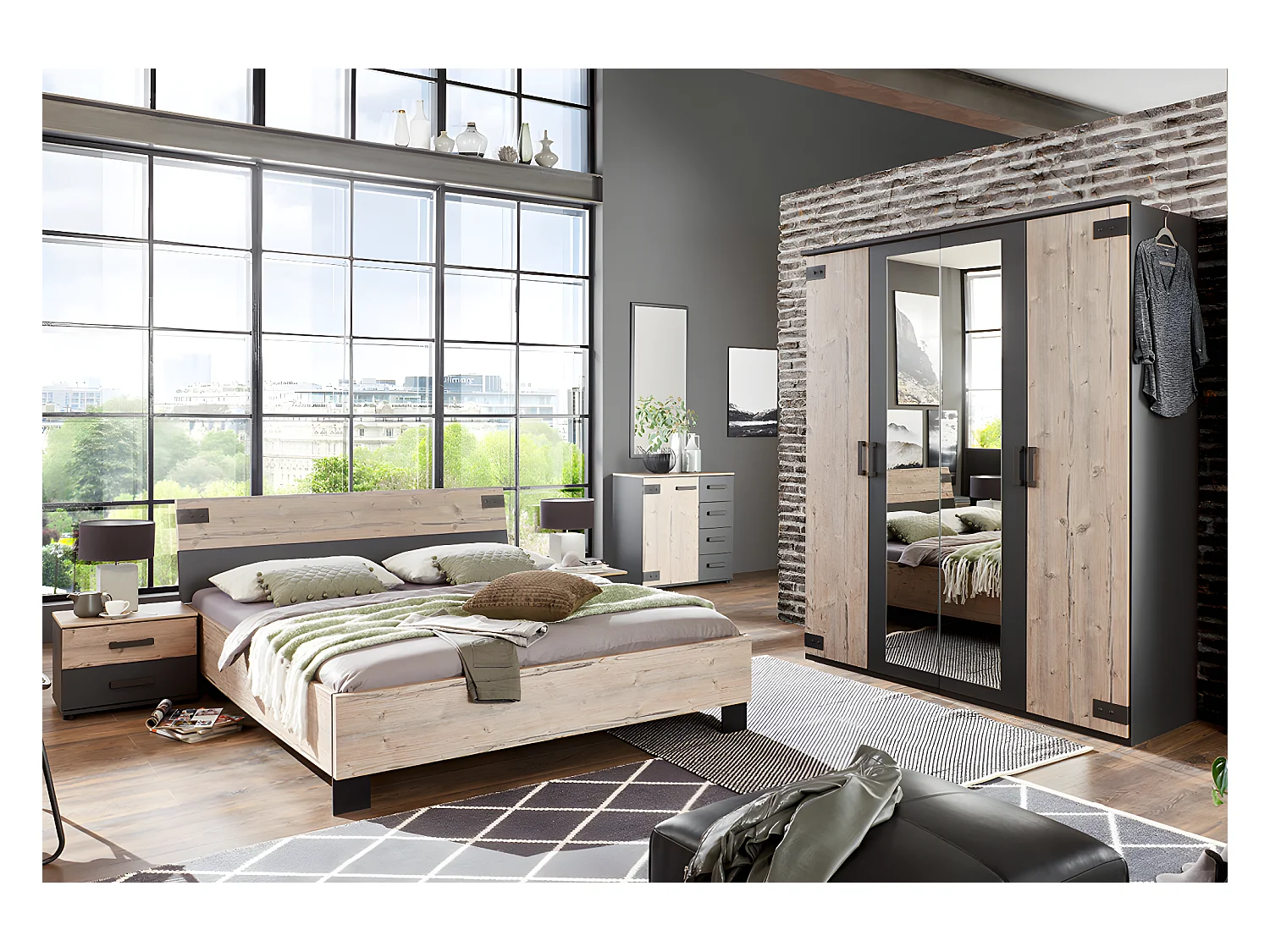 Chambre à coucher complète adulte (lit 180x200 cm + 2 chevets + armoire + commode) coloris chêne