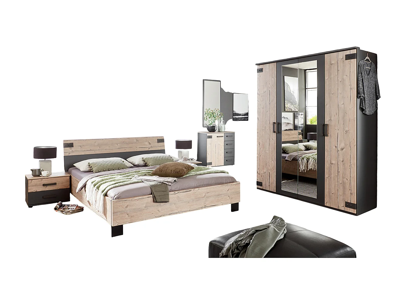 Chambre à coucher complète adulte (lit 180x200 cm + 2 chevets + armoire + commode) coloris chêne