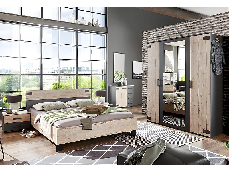 Chambre à coucher complète adulte (lit 180x200 cm + 2 chevets + armoire + commode) coloris chêne