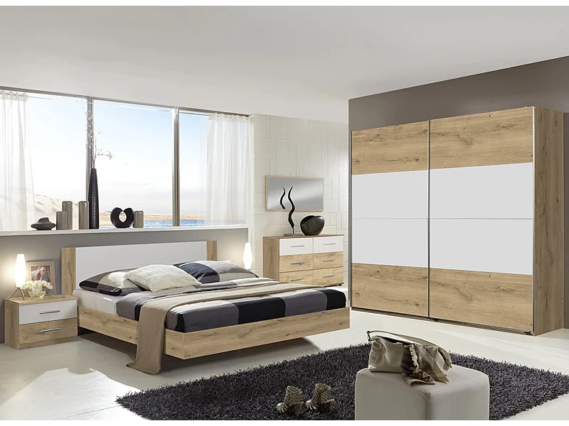 Chambre adulte imitation chêne poutre/blanc 180 X 200 cm