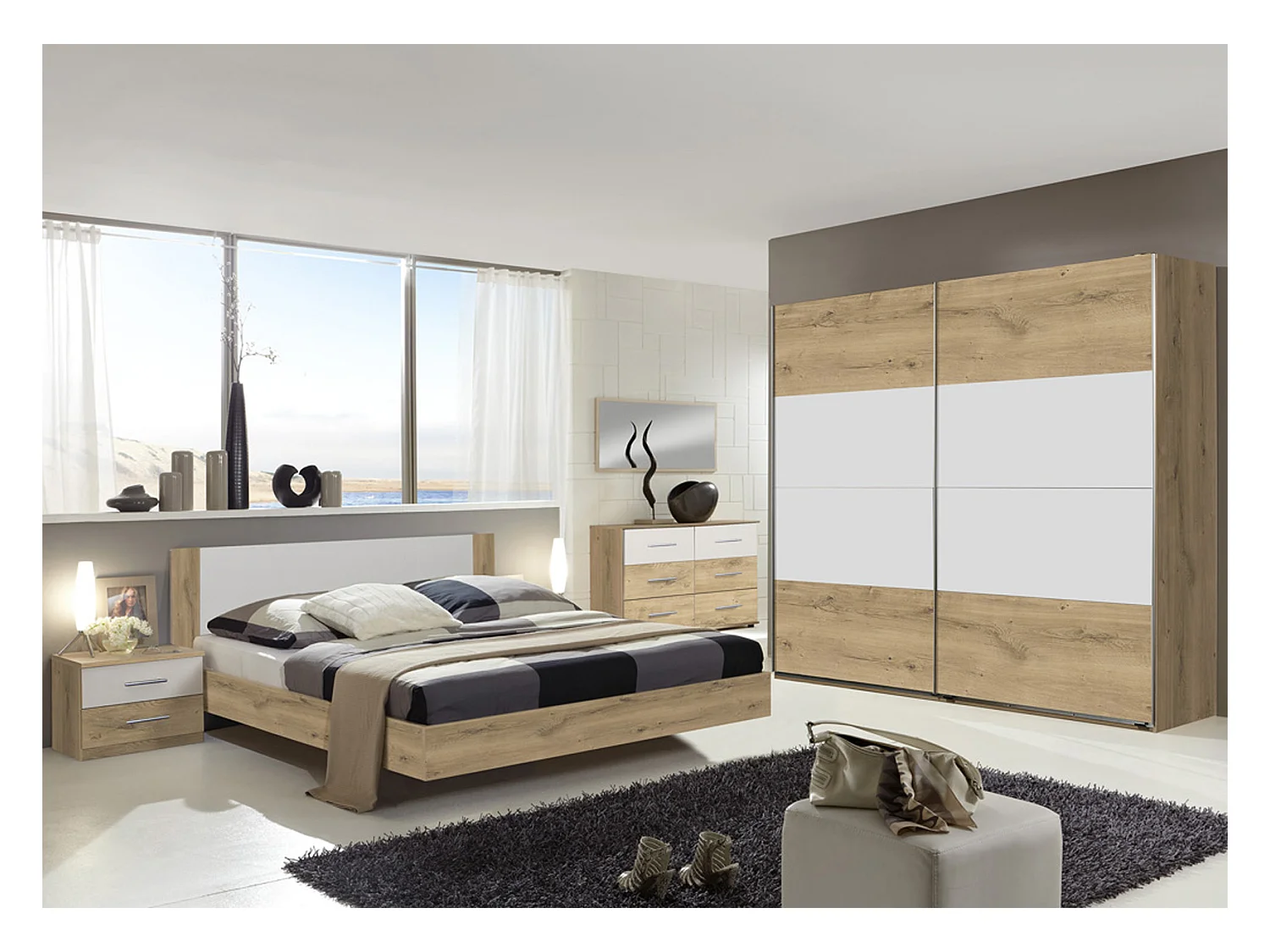 Chambre adulte imitation chêne poutre/blanc 180 X 200 cm