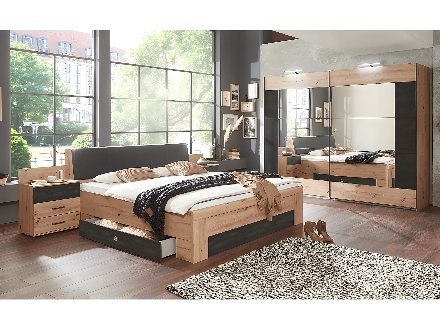 Chambre à coucher complète adulte (lit 180x200 cm King Size + 2 chevets + armoire + 2 tiroirs lit)