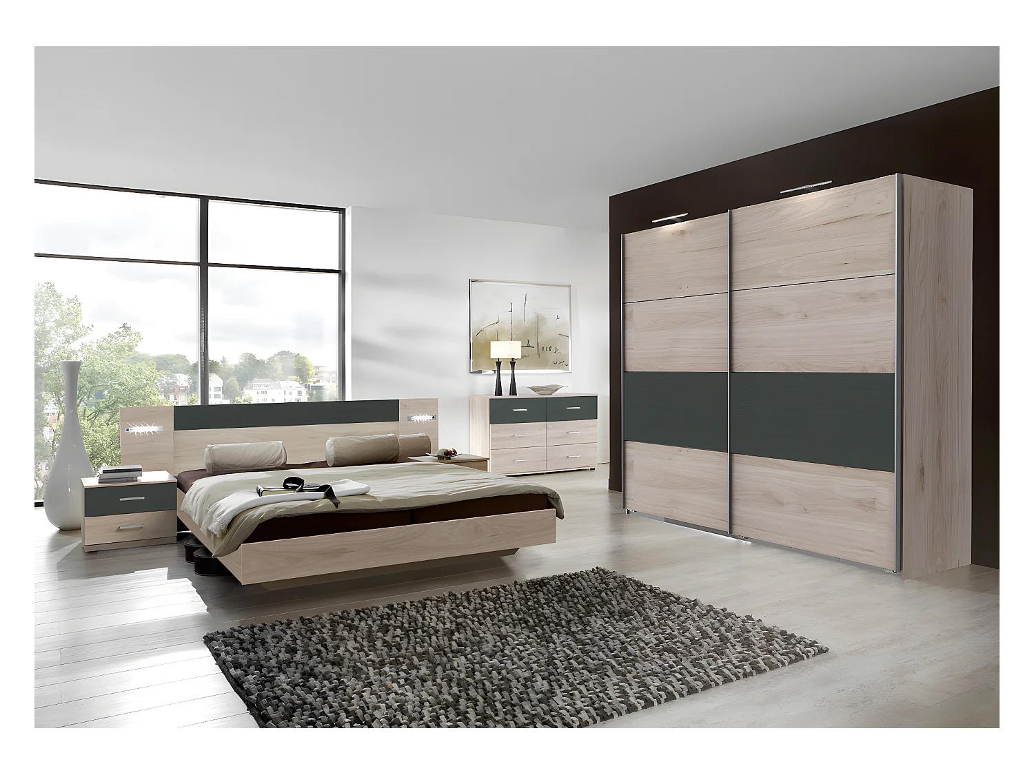 Ensemble chambre adulte complète Imitation chêne Hickory rechampis graphite - 180 x 200 cm