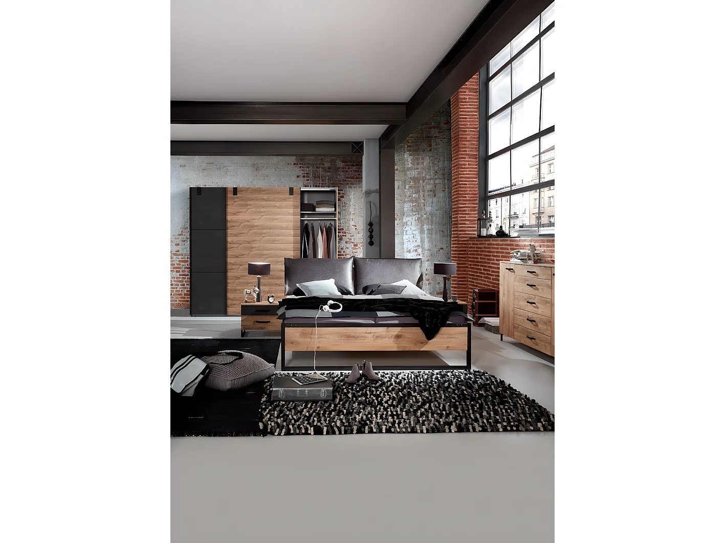 Ensemble chambre adulte complète Imitation chêne poutre rechampis raw steel 180 x 200 cm