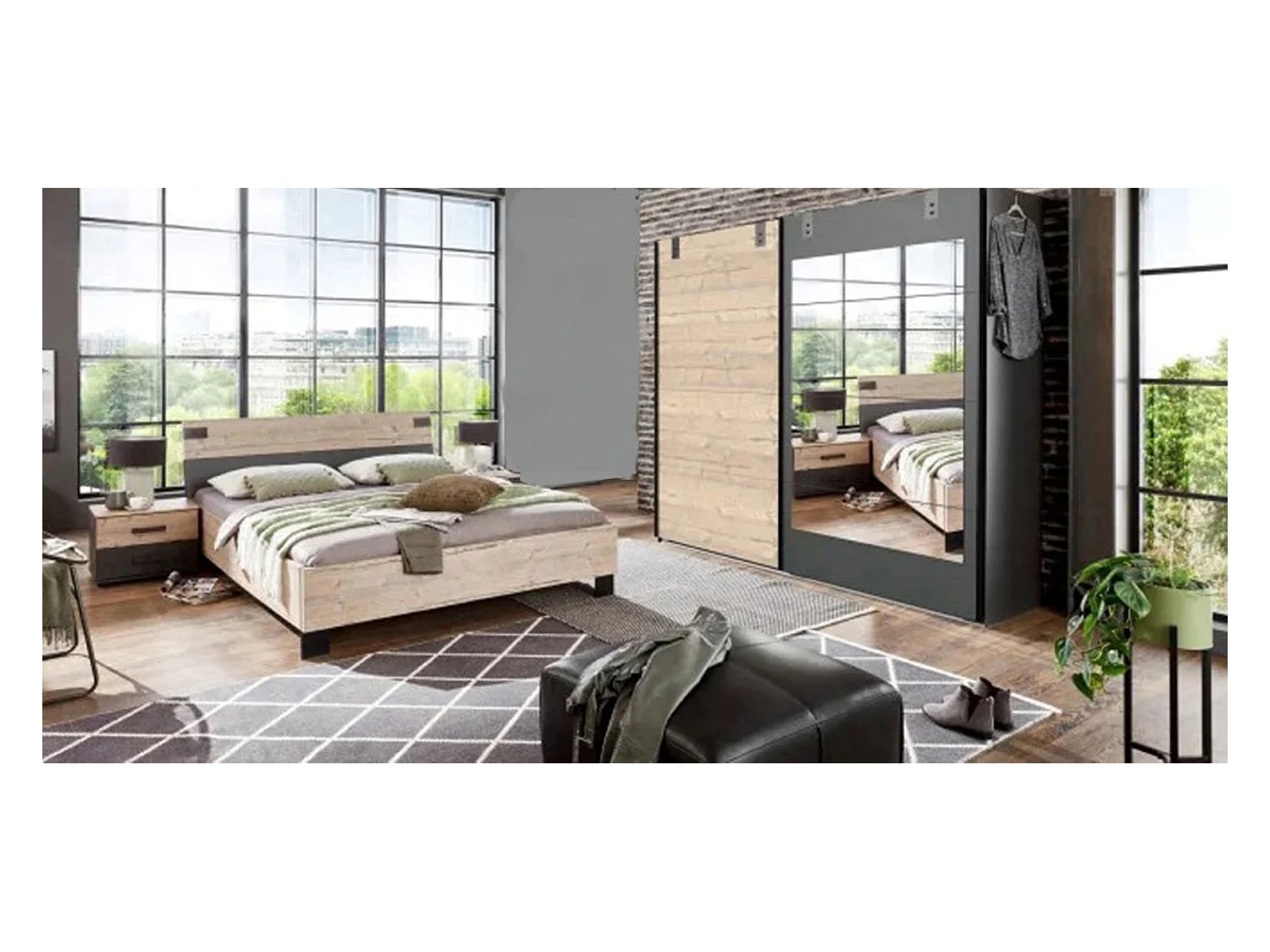 Chambre à coucher complète adulte (lit 180x200cm + 2 chevets + armoire) coloris chêne