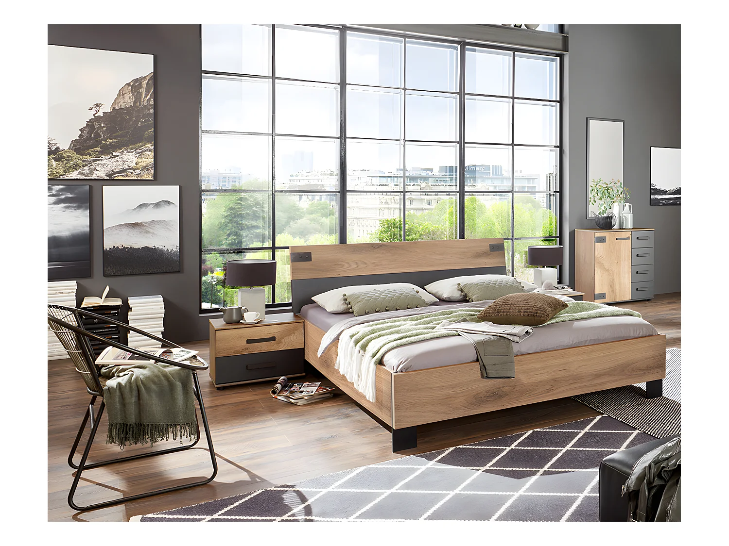 Chambre à coucher complète adulte (lit 160x200 cm + 2 chevets + commode) coloris chêne foncé
