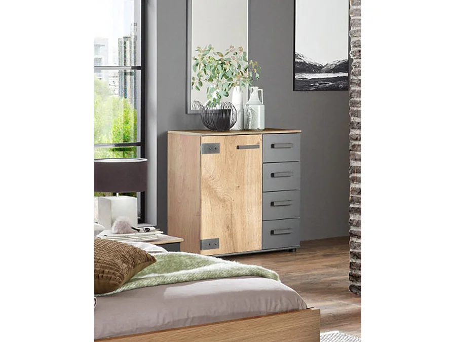 Chambre à coucher complète adulte (lit 160x200 cm + 2 chevets + commode) coloris chêne foncé