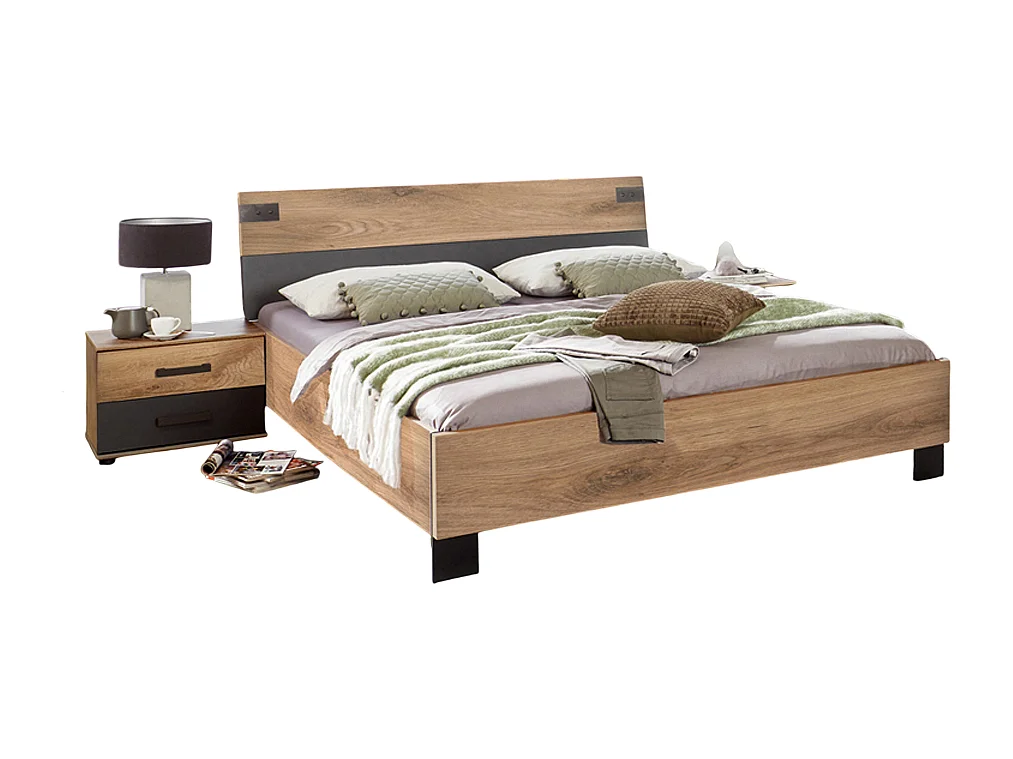 Chambre à coucher complète adulte (lit 160x200 cm + 2 chevets + commode) coloris chêne foncé