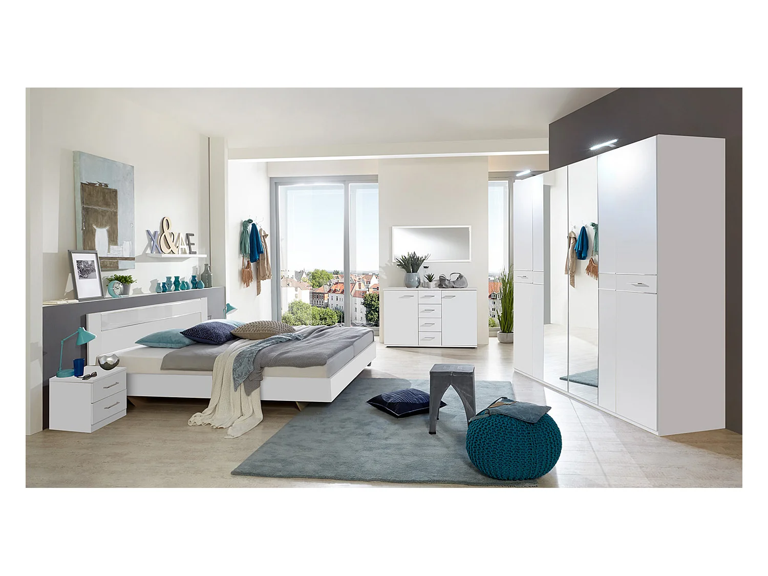 Chambre adulte complète, coloris blanc, rechampis verre blanc + chrome - 160 x 200 cm