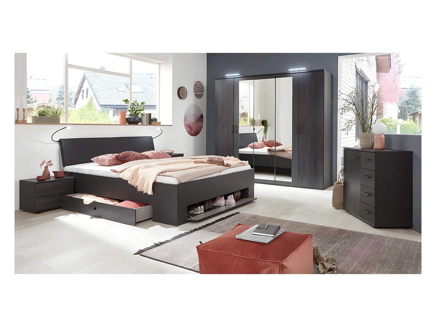 Chambre à coucher complète adulte (lit 160x200 cm Queen Size + 2 chevets + armoire)