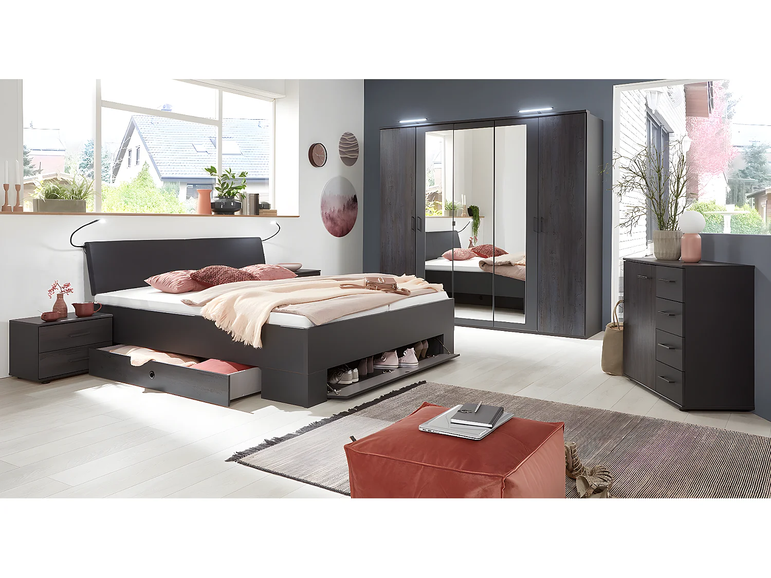 Chambre à coucher complète adulte (lit 160x200 cm Queen Size + 2 chevets + armoire)