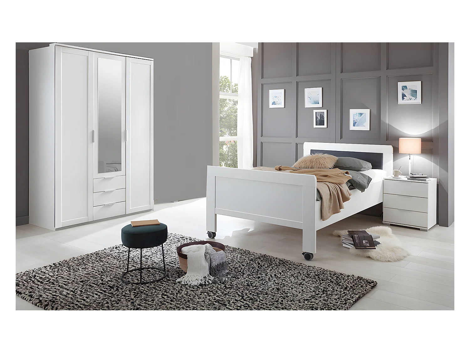 Chambre à coucher complète enfant (lit 90x200cm + chevet + armoire ) coloris blanc