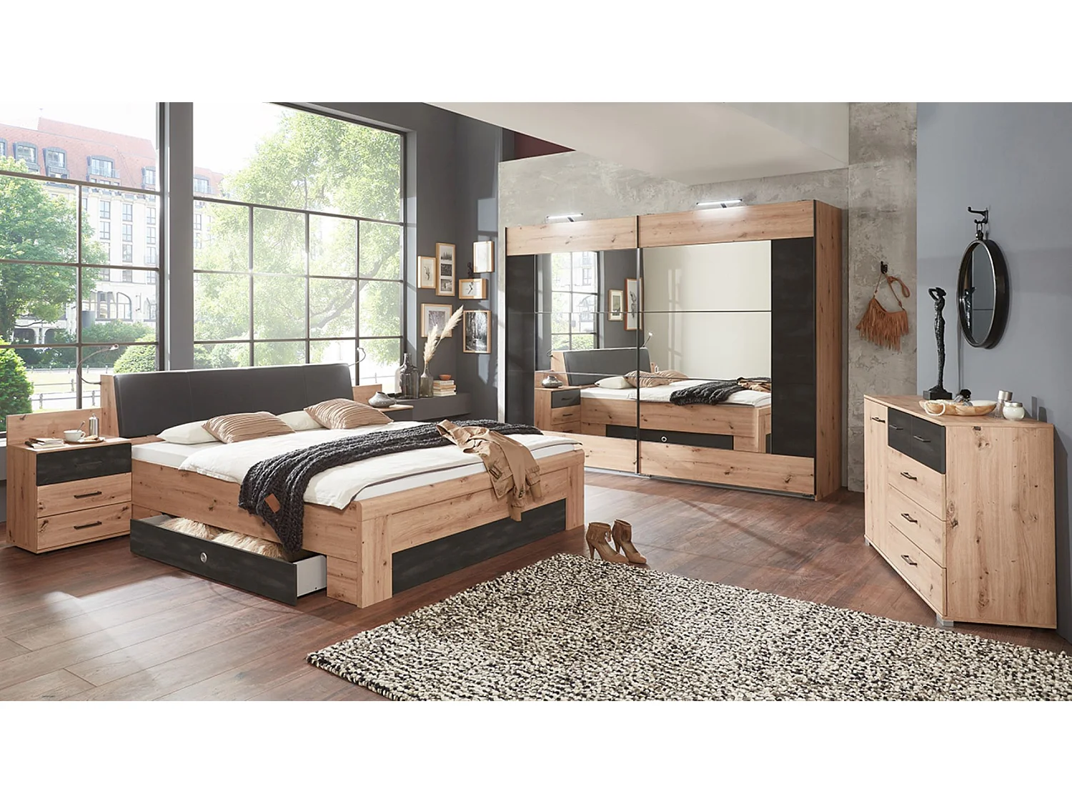 Chambre à coucher complète adulte (lit 180x200 cm + 2 chevets + armoire + 2 tiroirs lit + commode)