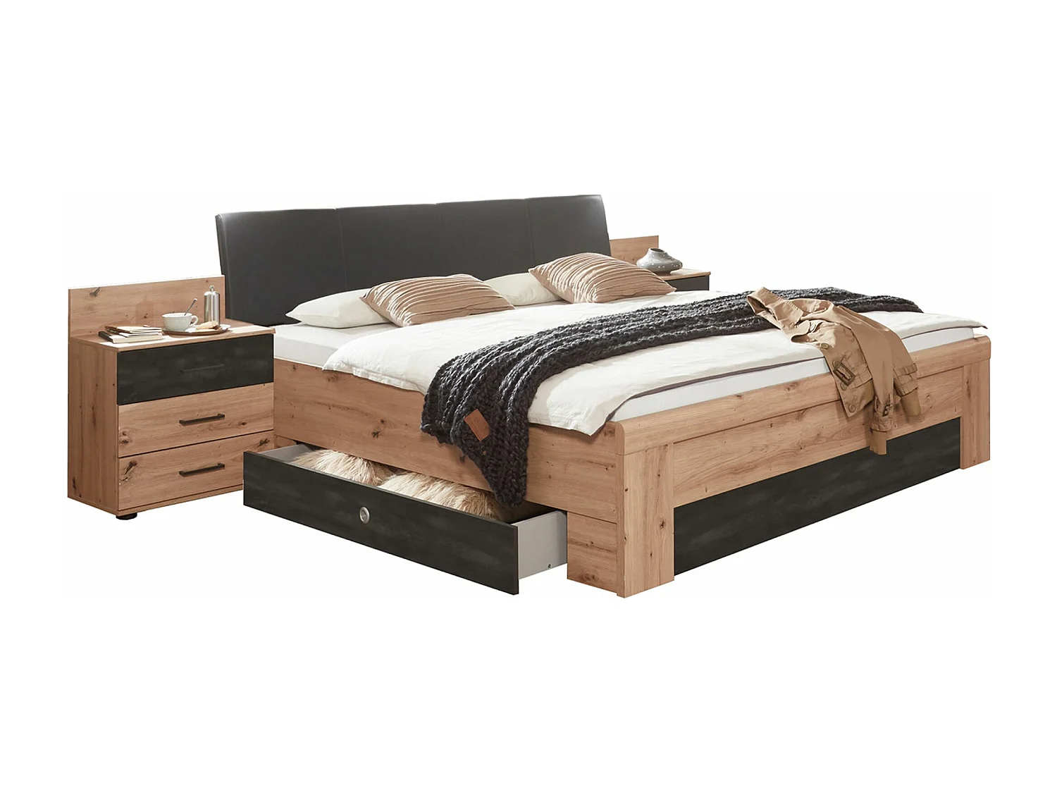 Chambre à coucher complète adulte (lit 180x200 cm + 2 chevets + armoire + 2 tiroirs lit + commode)