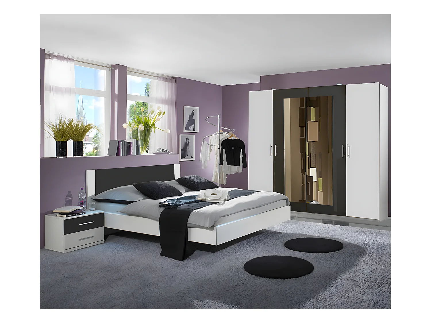 Chambre adulte coloris blanc/anthracite 160 X 200 cm-PEGANE-