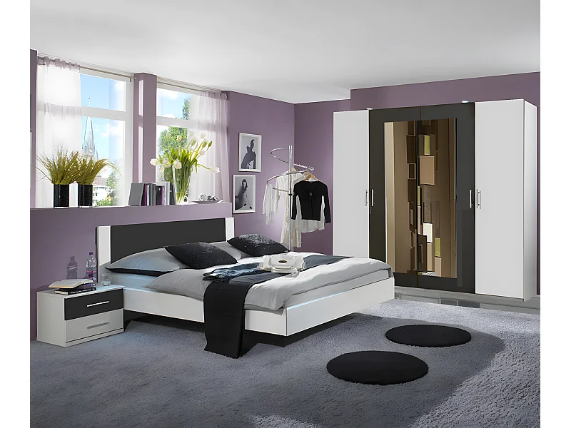 Chambre adulte coloris blanc/anthracite 160 X 200 cm-PEGANE-