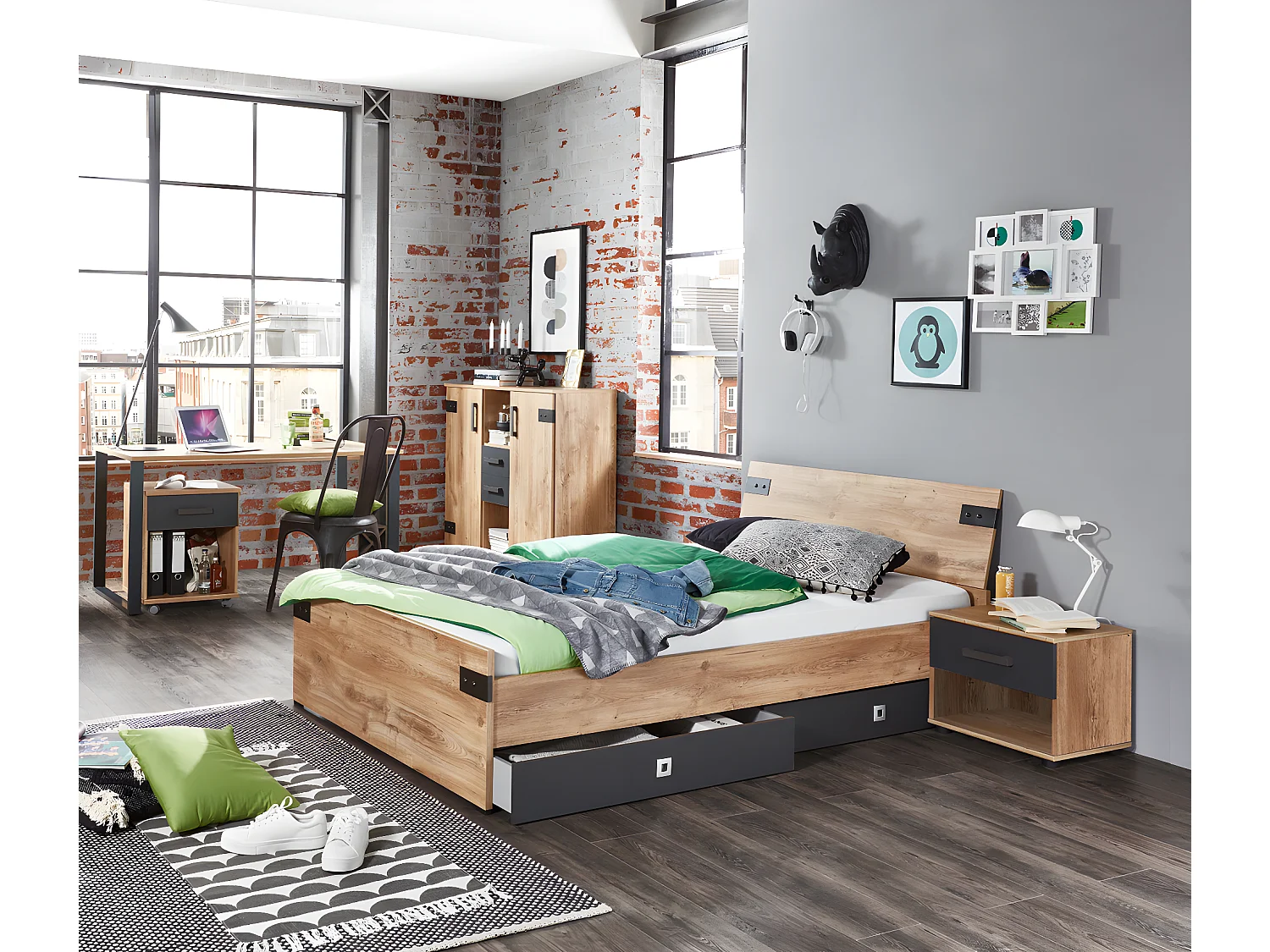 Ensemble chambre adulte Imitation chêne poutre, rechampis graphite - 140 x 200 cm