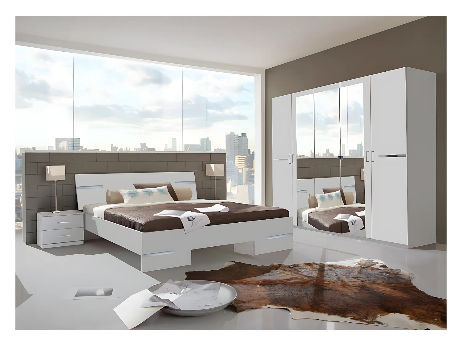 Chambre à coucher complète adulte (lit 140x200 cm + 2 chevets + armoire)