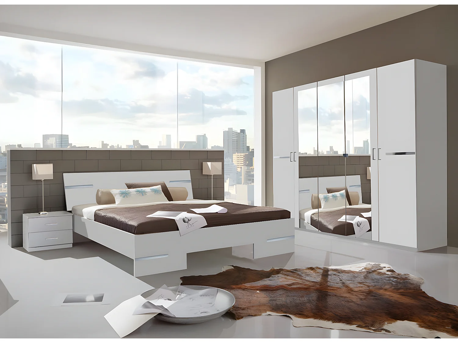 Chambre à coucher complète adulte (lit 140x200 cm + 2 chevets + armoire)