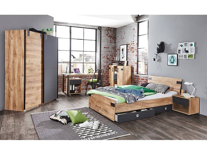 Ensemble chambre enfant/ado complète Imitation chêne poutre, rechampis graphite - 90 x 200 cm