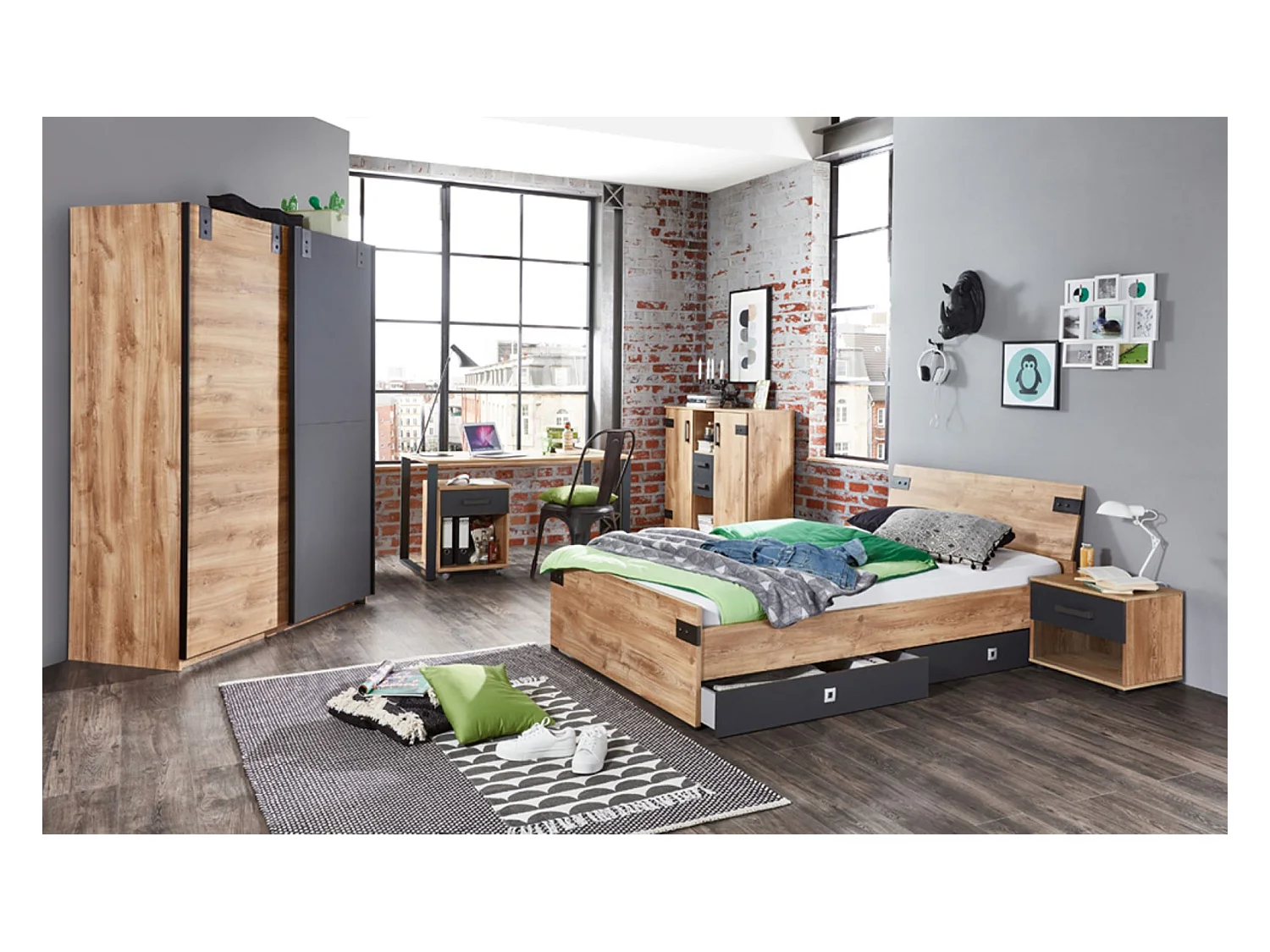 Ensemble chambre enfant/ado complète Imitation chêne poutre, rechampis graphite - 90 x 200 cm
