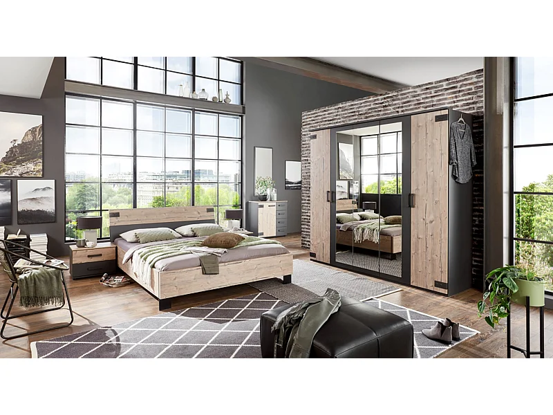 Chambre à coucher complète adulte (lit 180x200cm + 2chevets+commode+armoire) coloris chêne