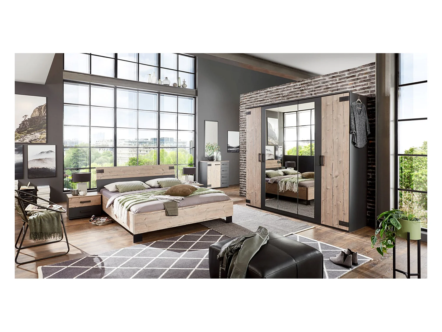 Chambre à coucher complète adulte (lit 180x200cm + 2chevets+commode+armoire) coloris chêne