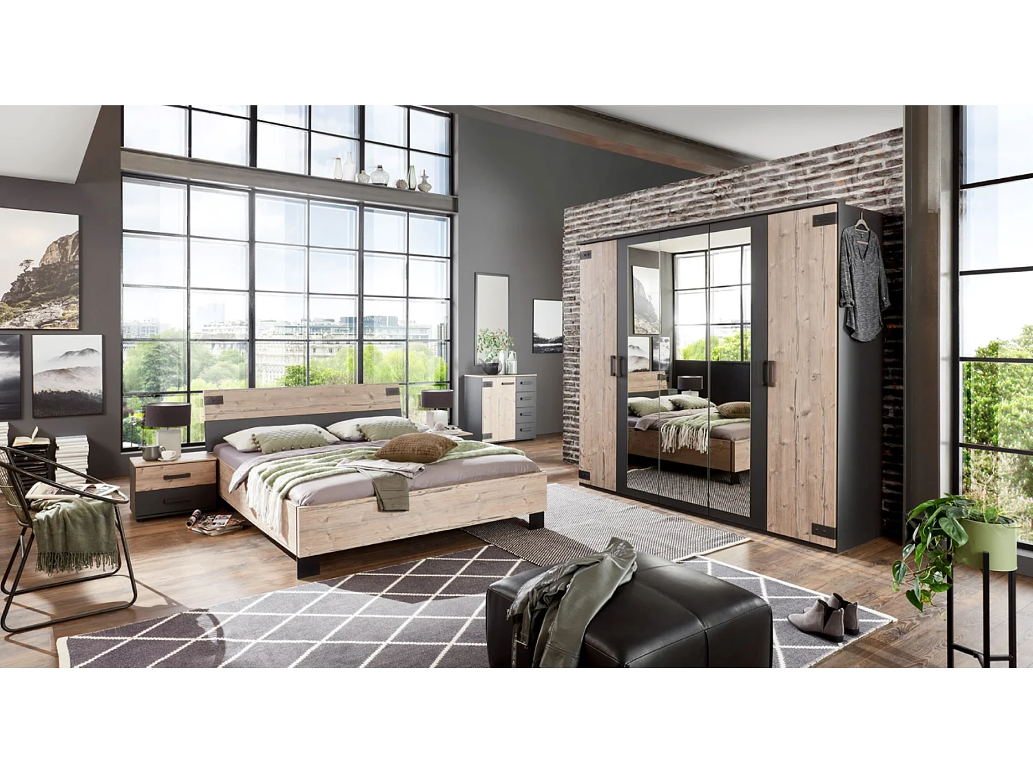 Chambre à coucher complète adulte (lit 180x200cm + 2chevets+commode+armoire) coloris chêne