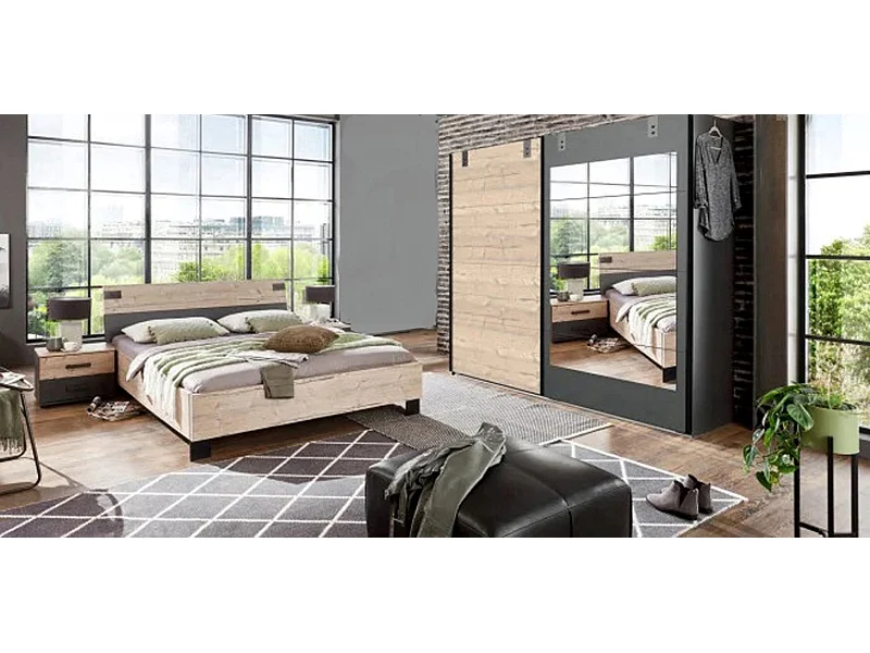 Chambre à coucher complète adulte (lit 140x200 cm + 2 chevets + armoire) coloris chêne