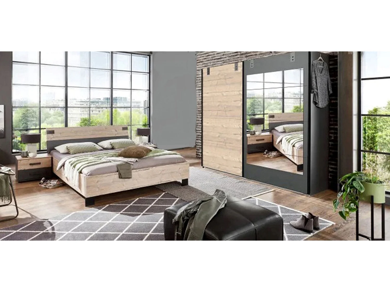 Chambre à coucher complète adulte (lit 140x200 cm + 2 chevets + armoire) coloris chêne