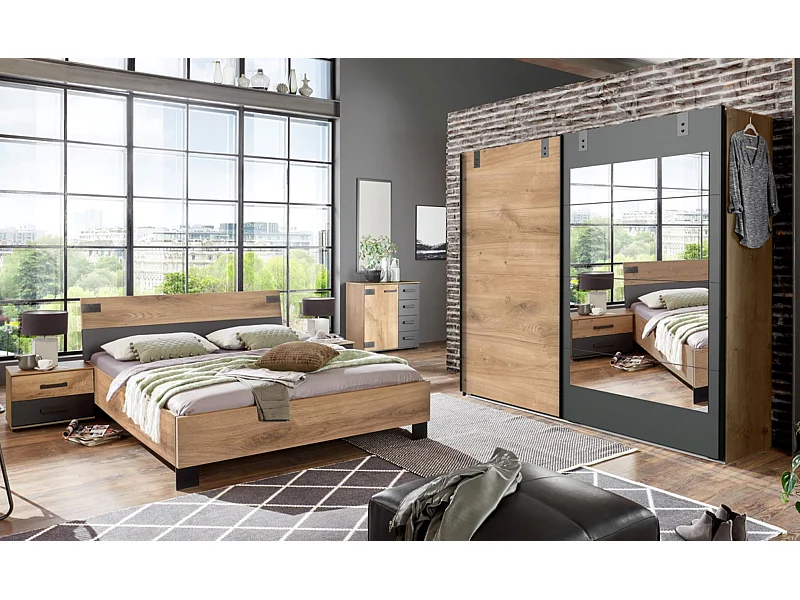 Chambre à coucher complète adulte (lit 180x200cm + 2 chevets + armoire + commode)