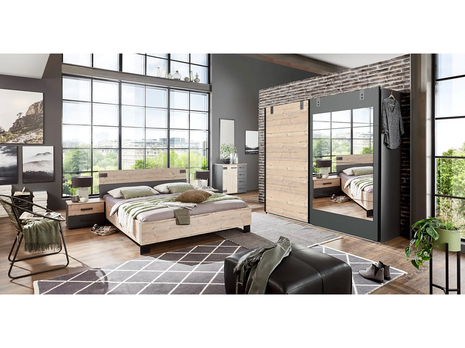 Chambre à coucher complète adulte (lit 180x200 cm + 2 chevets + armoire + commode) coloris chêne