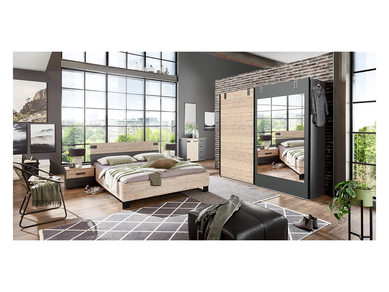 Chambre à coucher complète adulte (lit 180x200 cm + 2 chevets + armoire + commode) coloris chêne